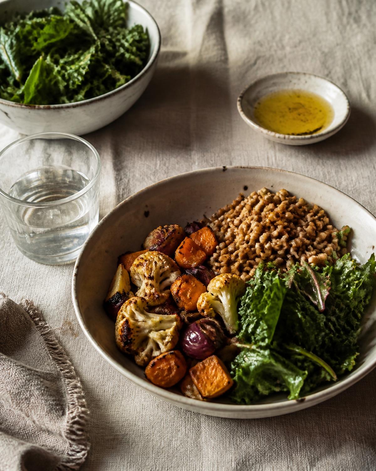 A simple home-cooked meal on a linen tablecloth