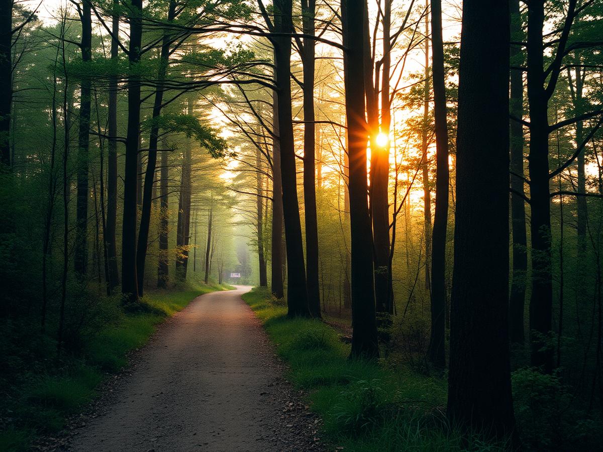 A quiet forest trail at sunrise